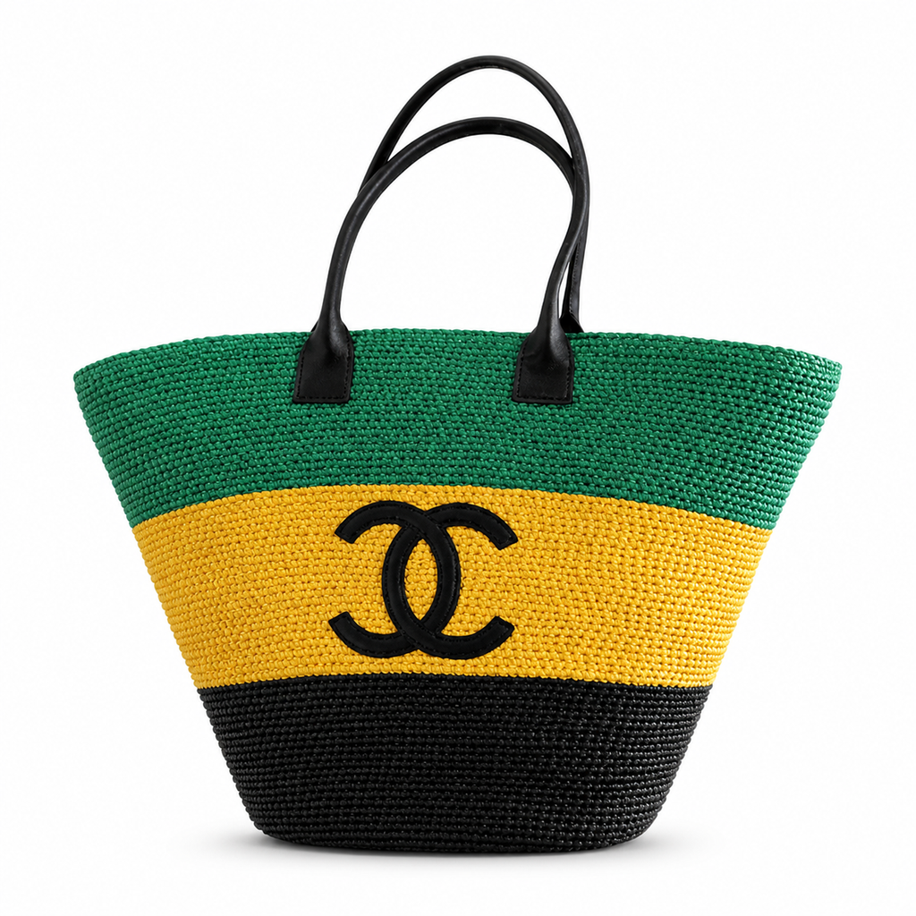 Chanel Green, Yellow & Black Raffia Market Tote | Woven CC & Leather Handles — 58cm