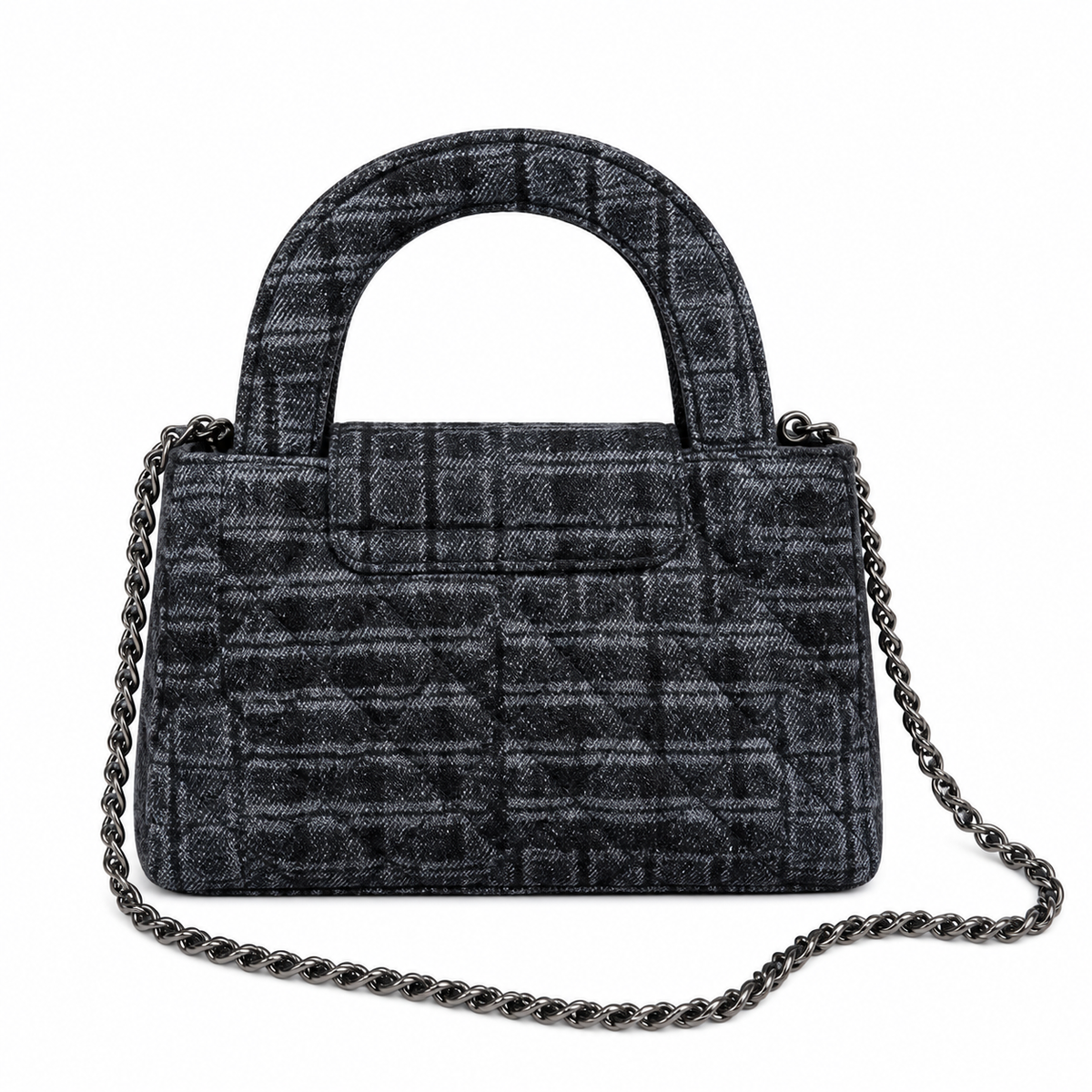 Chanel Mini Coco Handle Quilted Check Fabric Charcoal Gunmetal 19cm