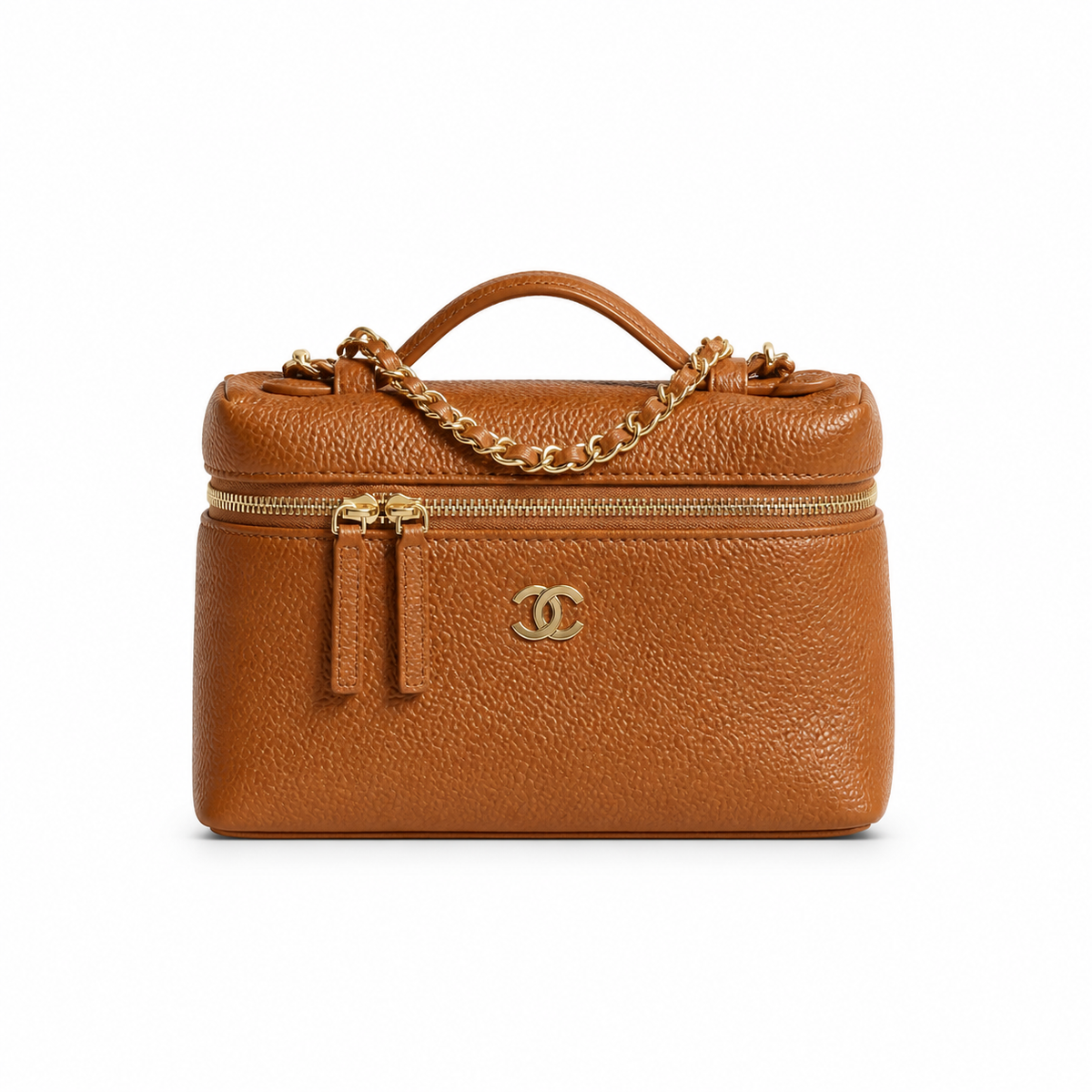 Chanel Tan Caviar Vanity Case Gold CC Top Handle Chain