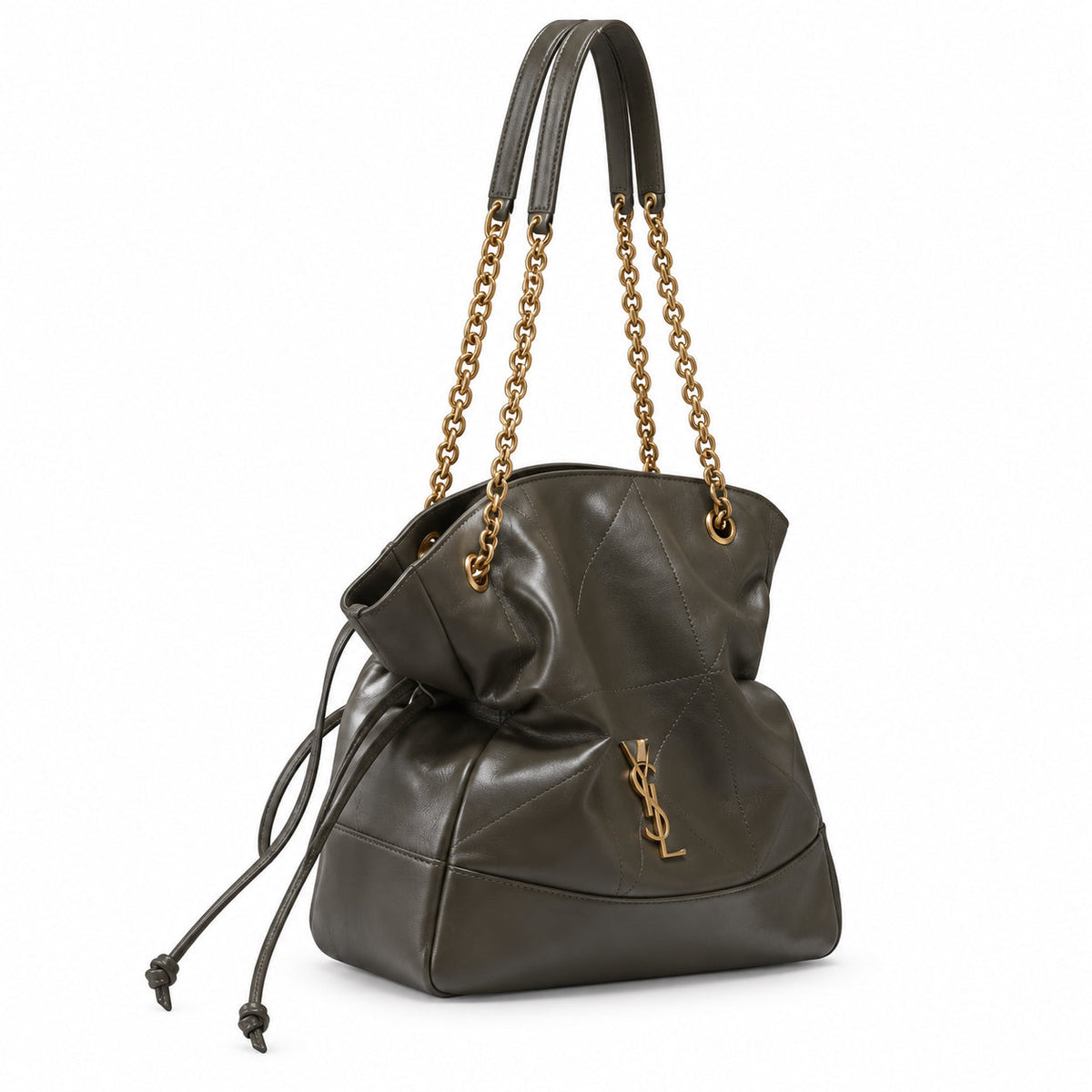 YSL Saint Laurent Bougeoir Drawstring Tote in Khaki Quilted Leather