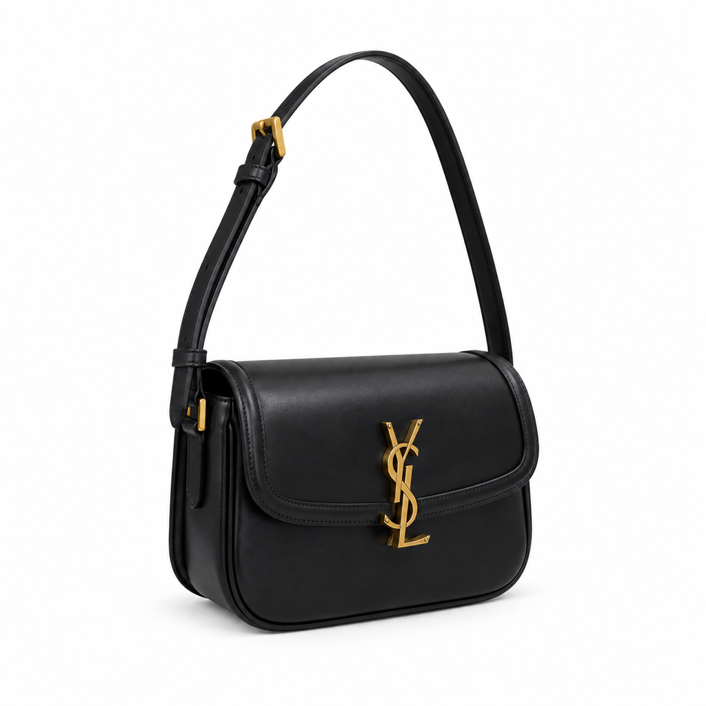 Saint Laurent YSL Solferino structured flap shoulder bag in black smooth calfskin leather with oversized gold YSL monogram and adjustable strap