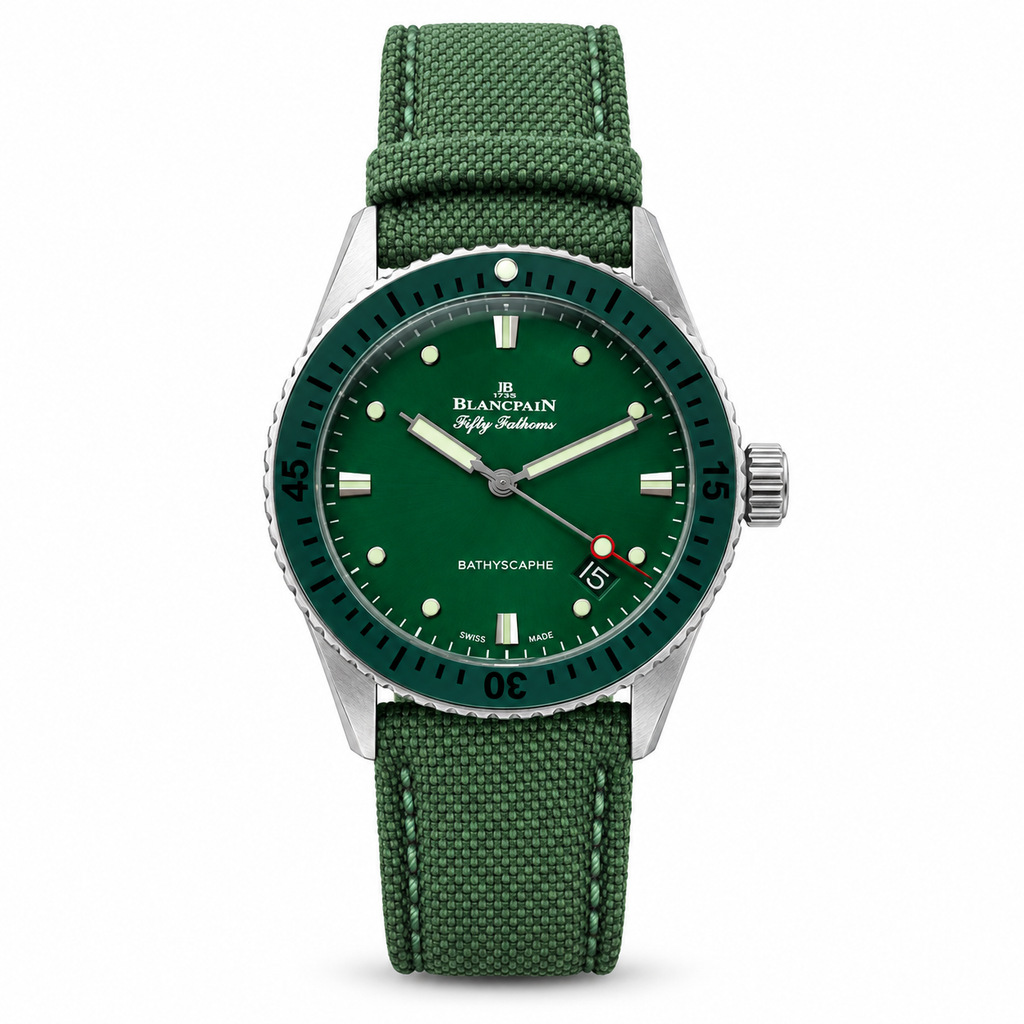 Blancpain Fifty Fathoms Bathyscaphe green dial with green ceramic bezel and military canvas strap