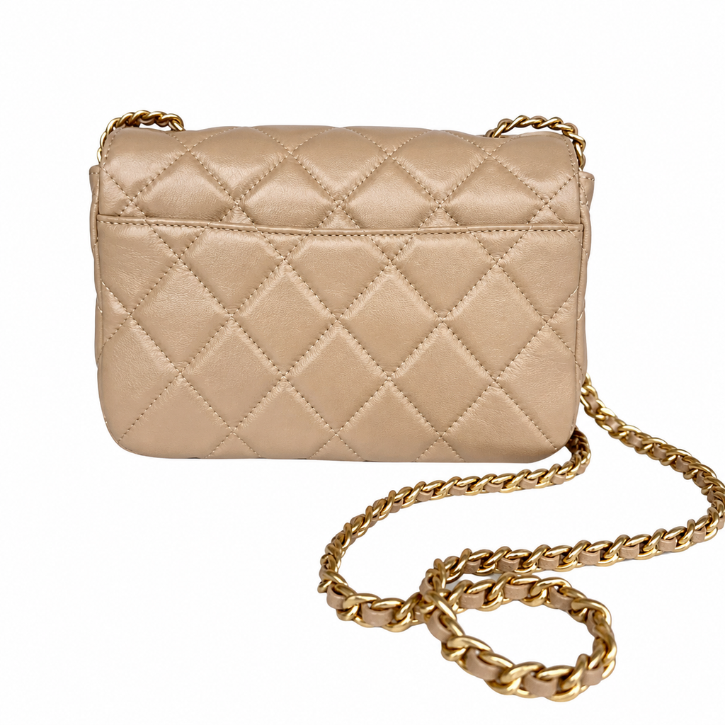 Chanel Small Double Flap Warm Beige Lambskin | Large CC Chain Charm & Chunky Gold Chain — 20cm
