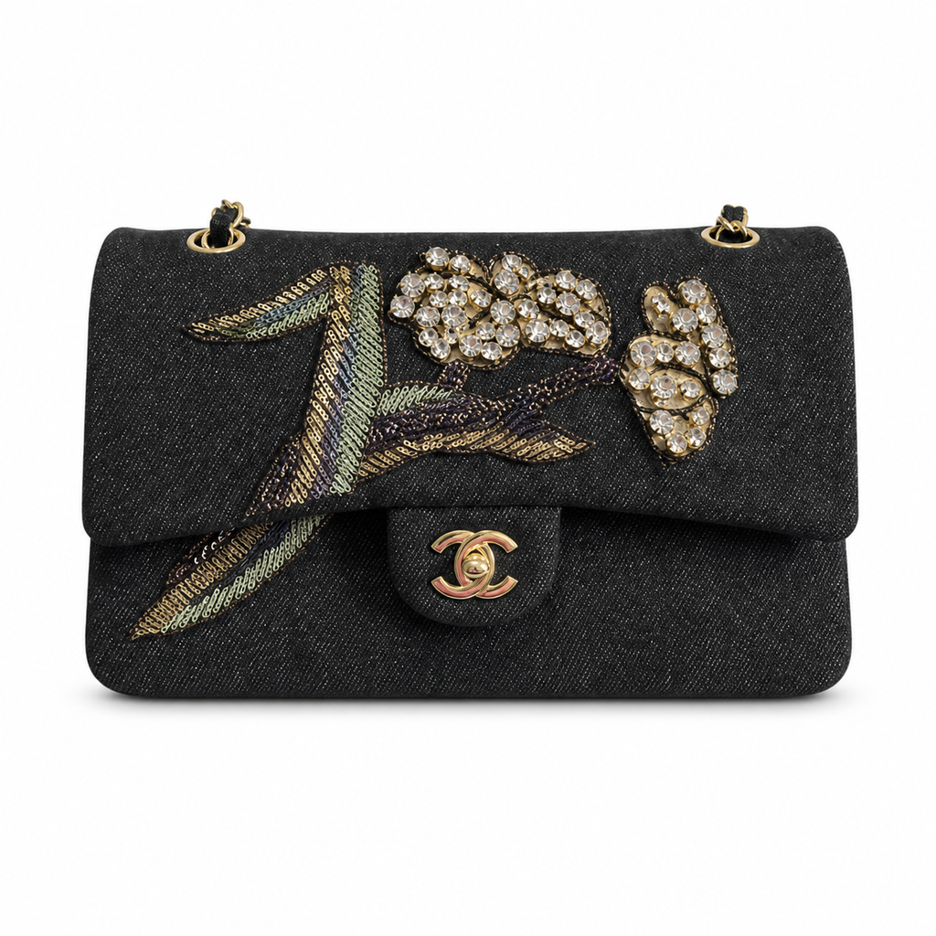 Chanel Dark Denim Classic Flap Iridescent Sequin Crystal Floral