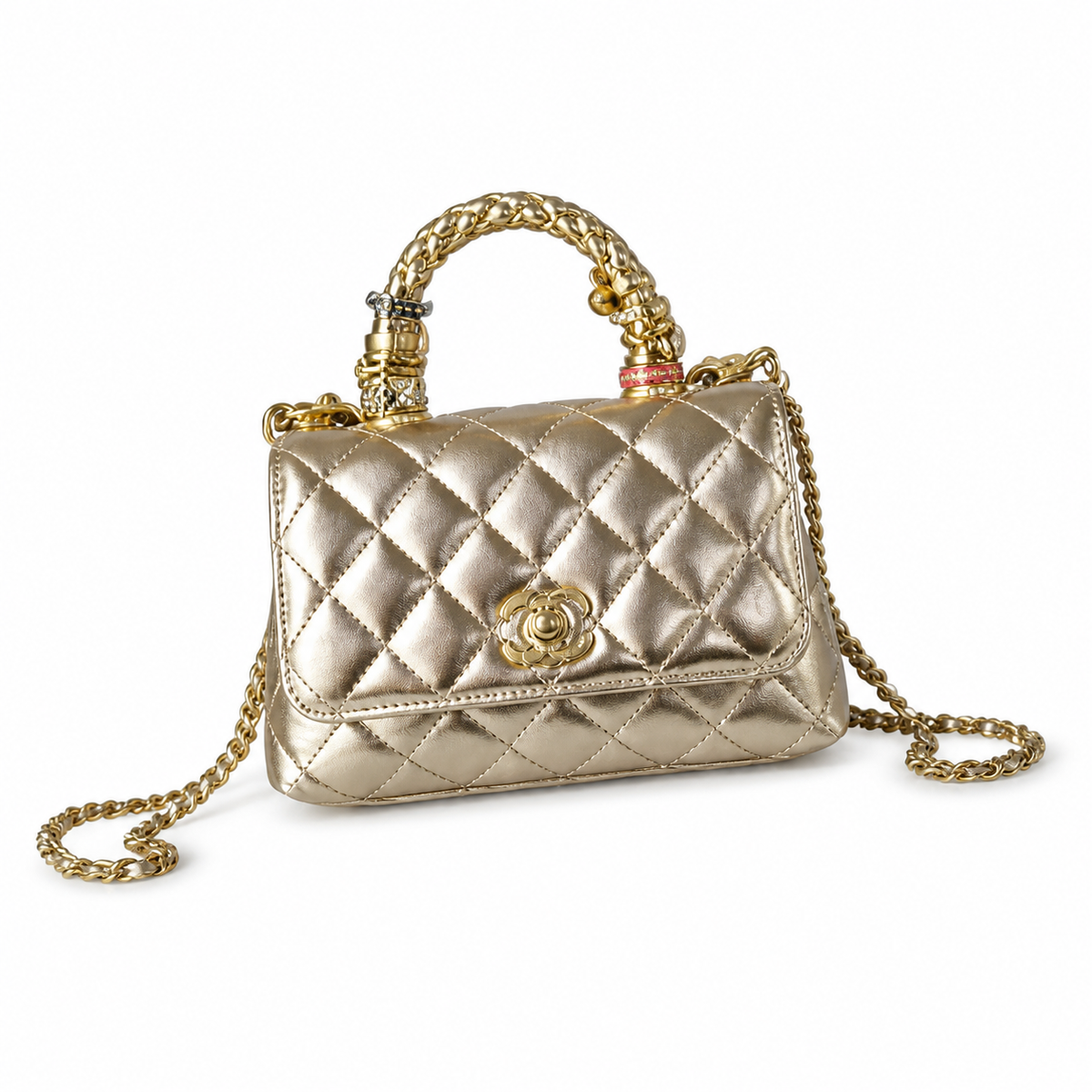 Chanel Gold Metallic Quilted Mini Flap Camellia Turn-Lock Charm Handle