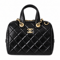 Chanel Quilted Aged Calfskin Bowling Bag Black Gold CC 21cm