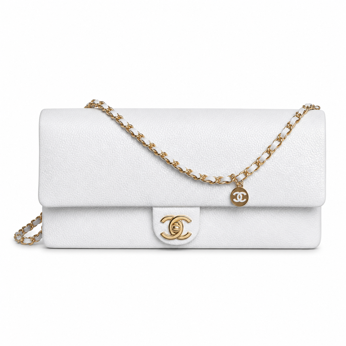 Chanel White Caviar Classic Flap Bag CC Charm