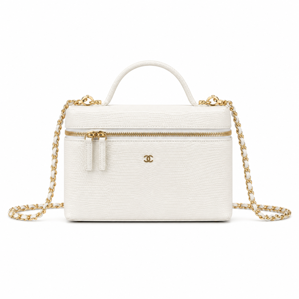 Chanel Vanity Case White Croc-Embossed Gold Hardware 18cm