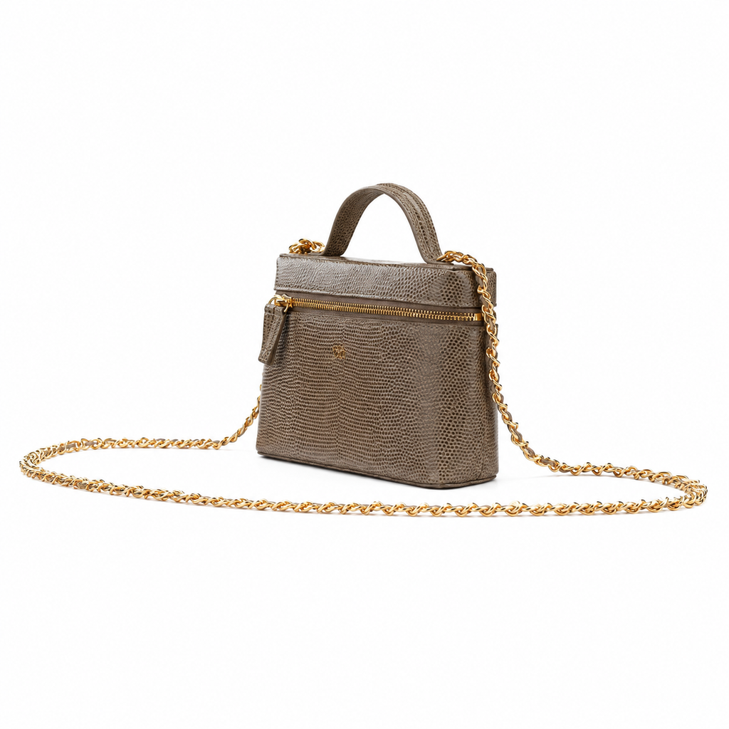 Chanel Warm Taupe Lizard-Embossed Mini Top-Handle Bag | Gold Chain, Zip Top & Card Slots