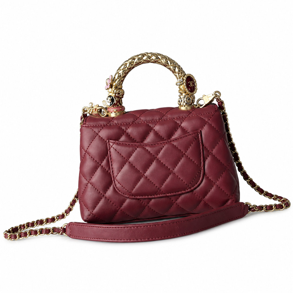 Chanel Burgundy Quilted Lambskin Mini Flap Charm Top Handle Antique Gold