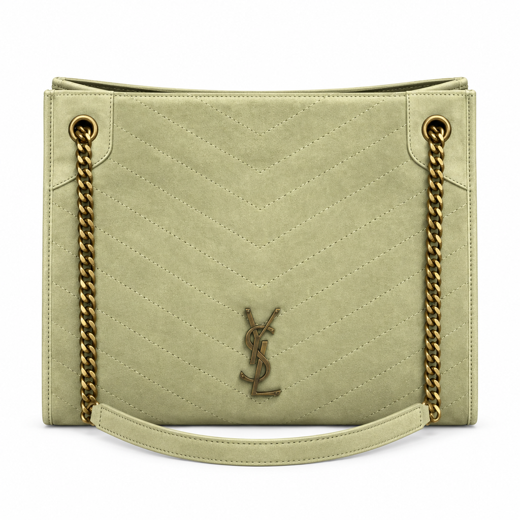 YSL Niki Chevron Quilted Suede Tote Bag Light Green