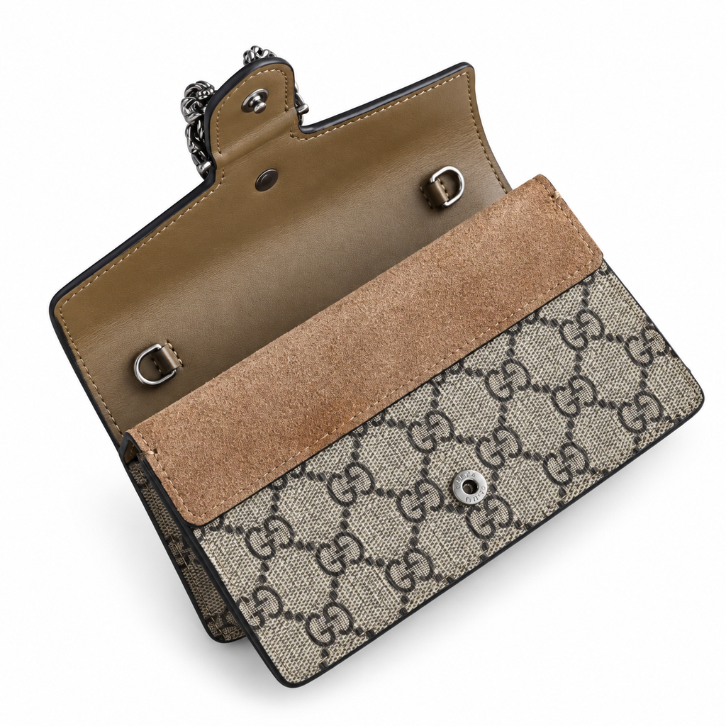 Gucci Dionysus Mini Bag in GG Supreme Canvas with Brown Suede Flap and Leather Interior