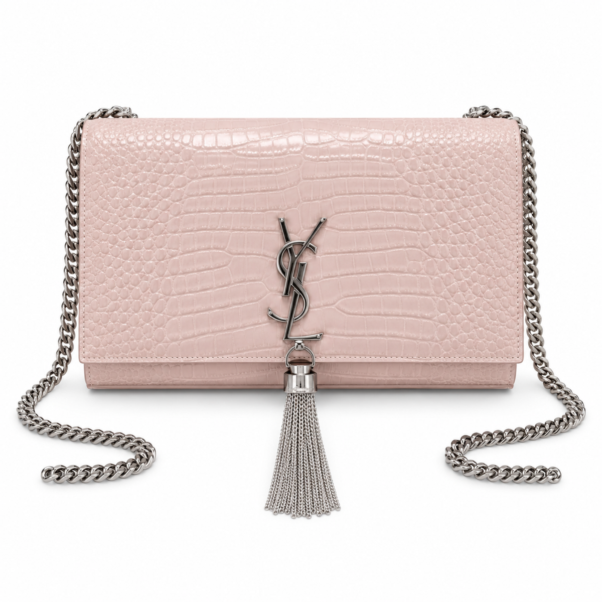 YSL Kate Tassel Chain Bag in blush pink croc-embossed leather with silver YSL monogram and dangling chain tassel, front view