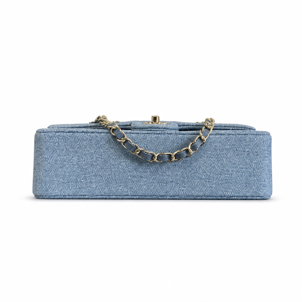 Chanel Denim Classic Flap Crystal Floral Embroidery Gold CC