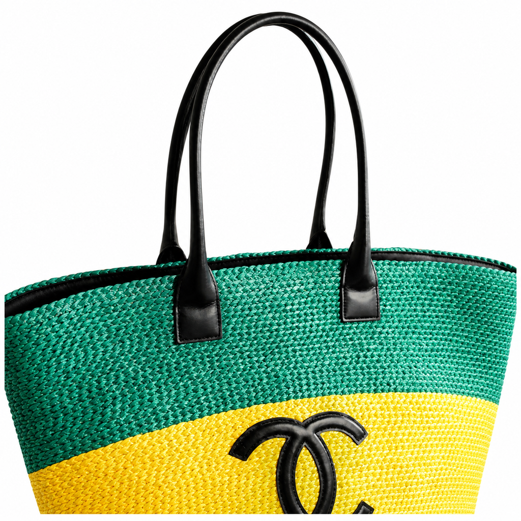 Chanel Striped Raffia Beach Tote Green Yellow Navy CC