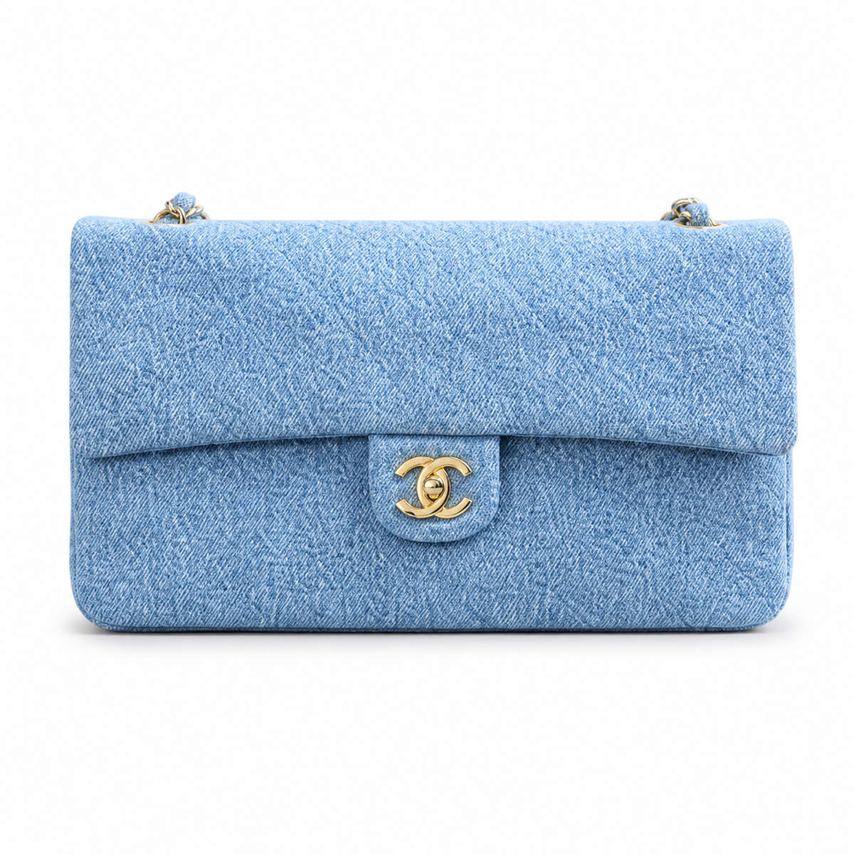 Chanel Classic Double Flap Bag Light Blue Quilted Denim | Gold Chain & Burgundy Zip Accents — 32cm
