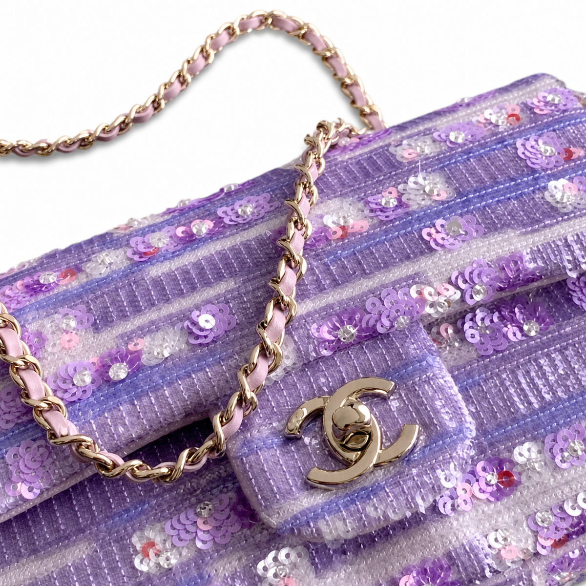 Chanel Sequin Single Flap Bag Lavender Silver Hardware