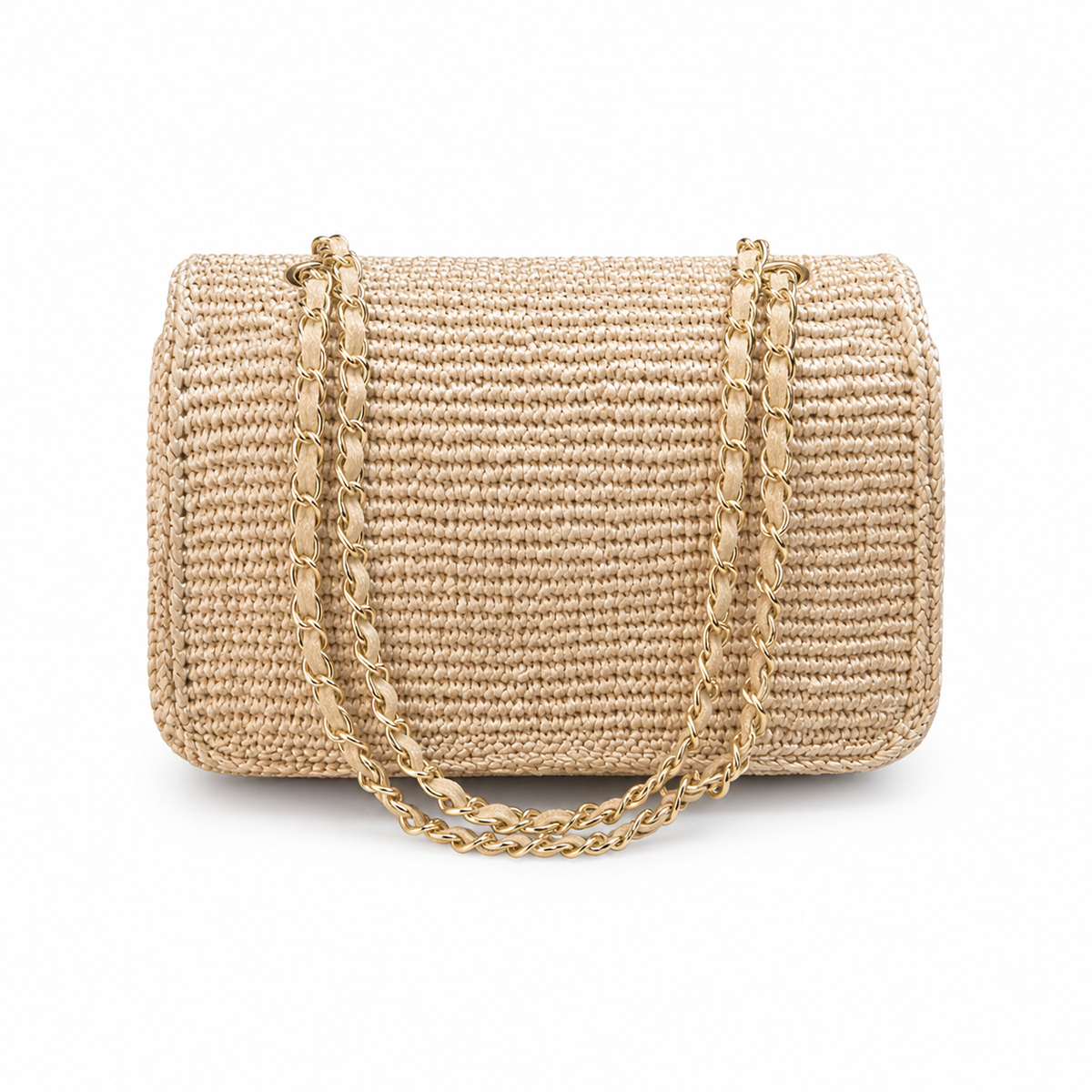 Chanel CC Raffia Woven Flap Bag | Natural Beige & Gold Chain — 25cm