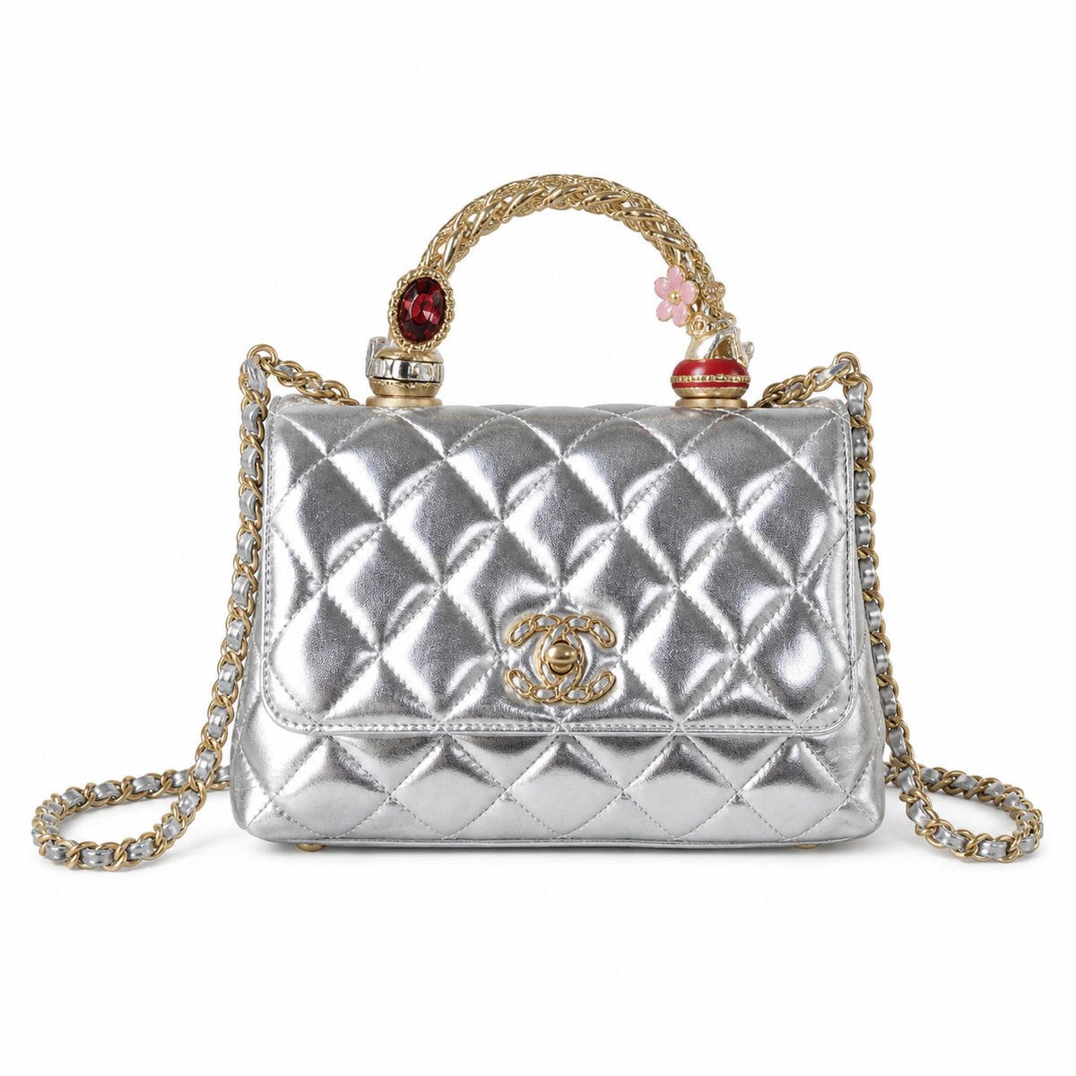 Chanel Silver Metallic Quilted Mini Flap Charm Top Handle Gold Chain