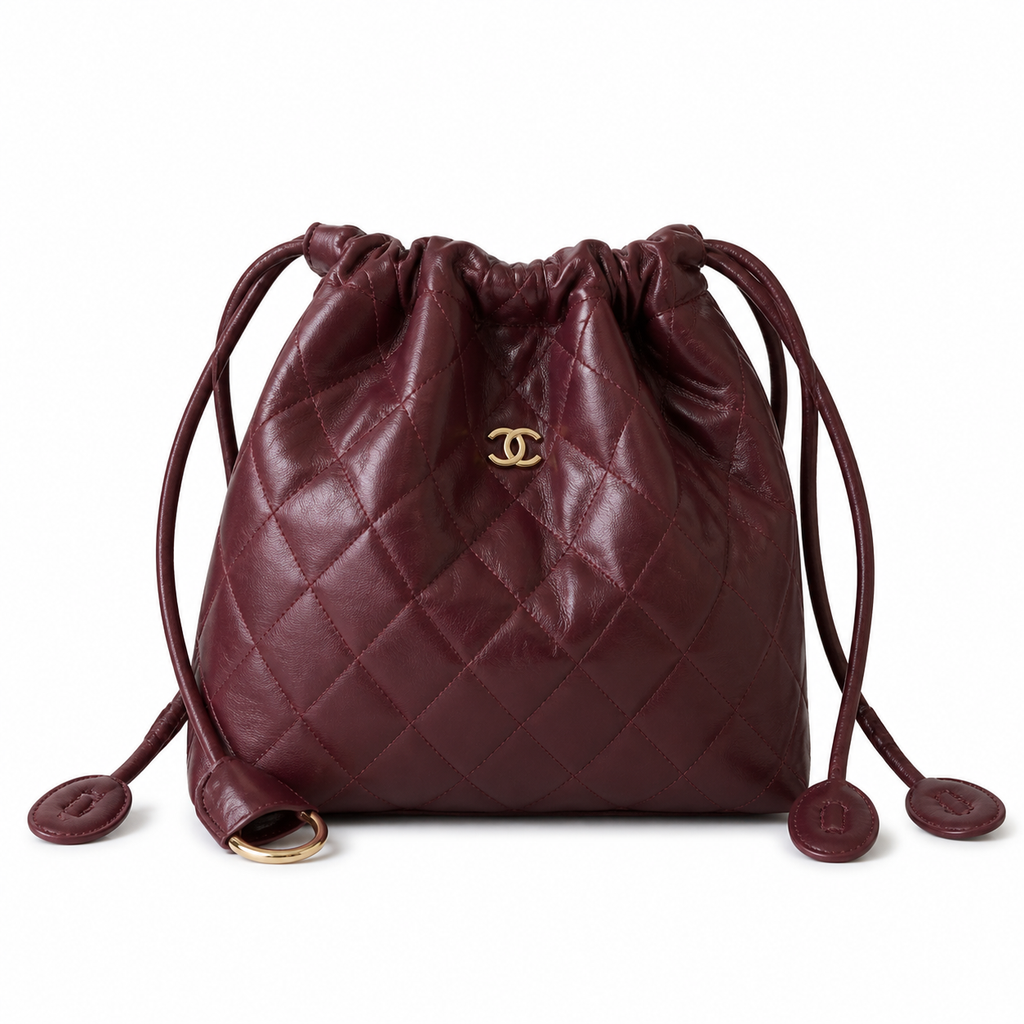 Chanel Quilted Calfskin Drawstring Bucket Bag Burgundy Gold Hardware