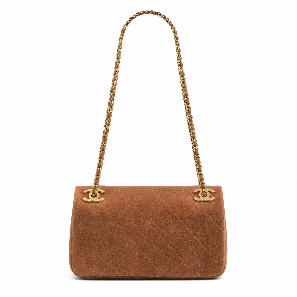 Chanel Camel Quilted Suede Single Flap | Gold Square Push-Lock & CC Clips — 22cm