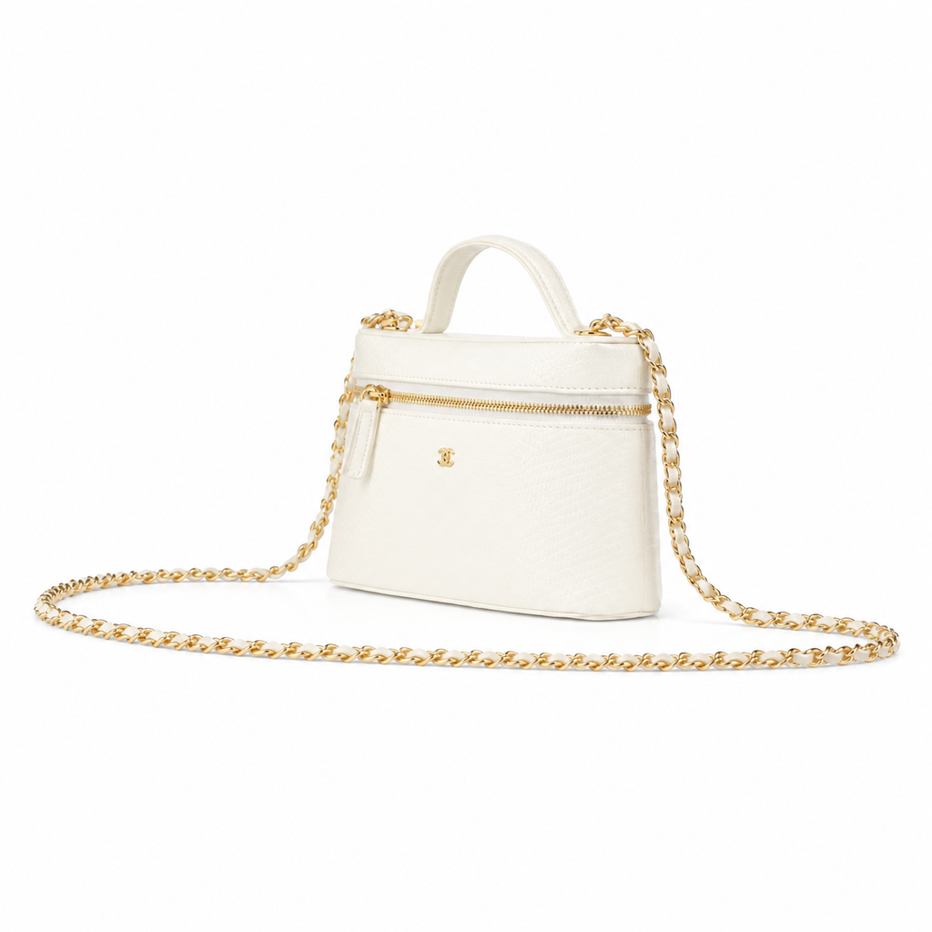 Chanel Vanity Case White Croc-Embossed Gold Hardware 18cm