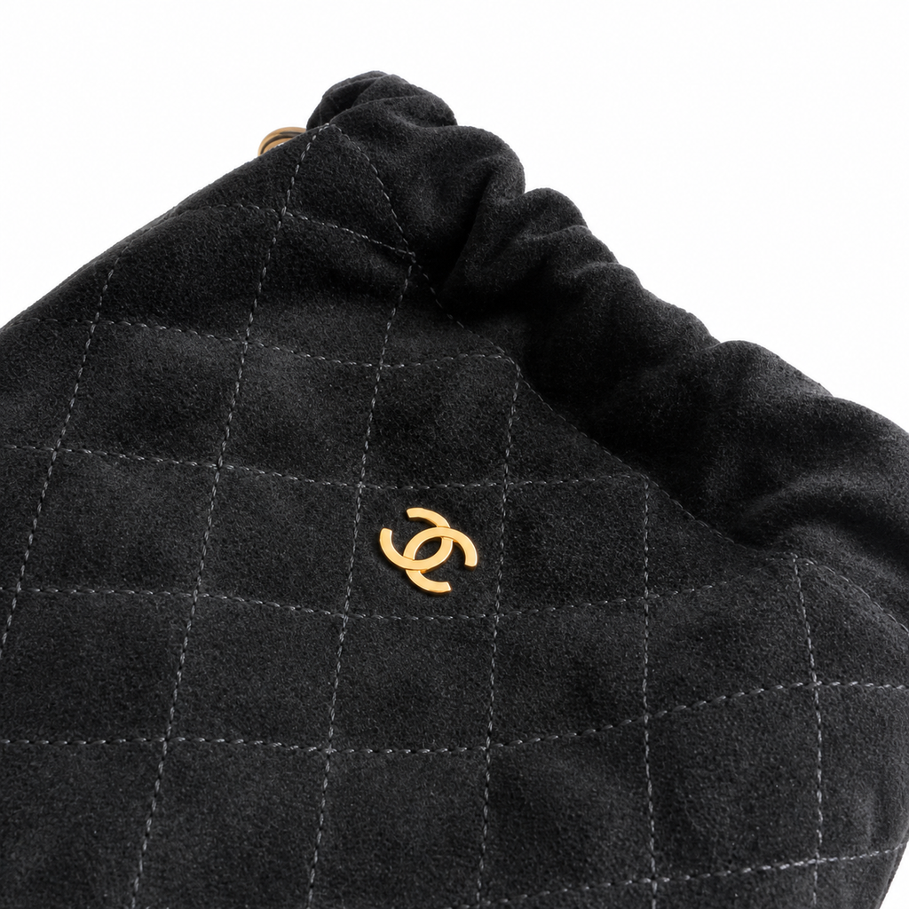 Chanel Quilted Suede Drawstring Bucket Bag Black Gold Hardware