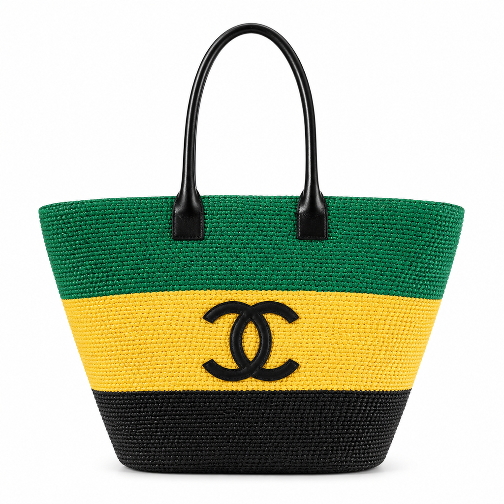 Chanel Striped Raffia Beach Tote Green Yellow Black CC