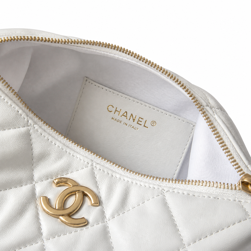 Chanel White Lambskin CC Hobo Bag Quilted Chain