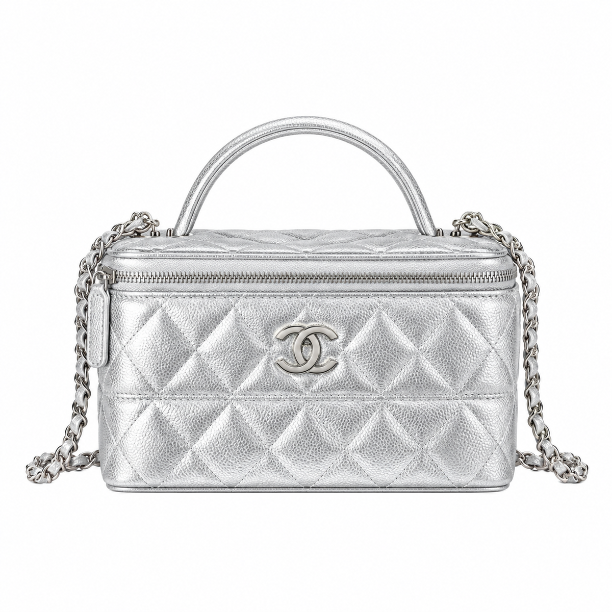Chanel CC Embossed Metallic Caviar Vanity Case Silver 17cm