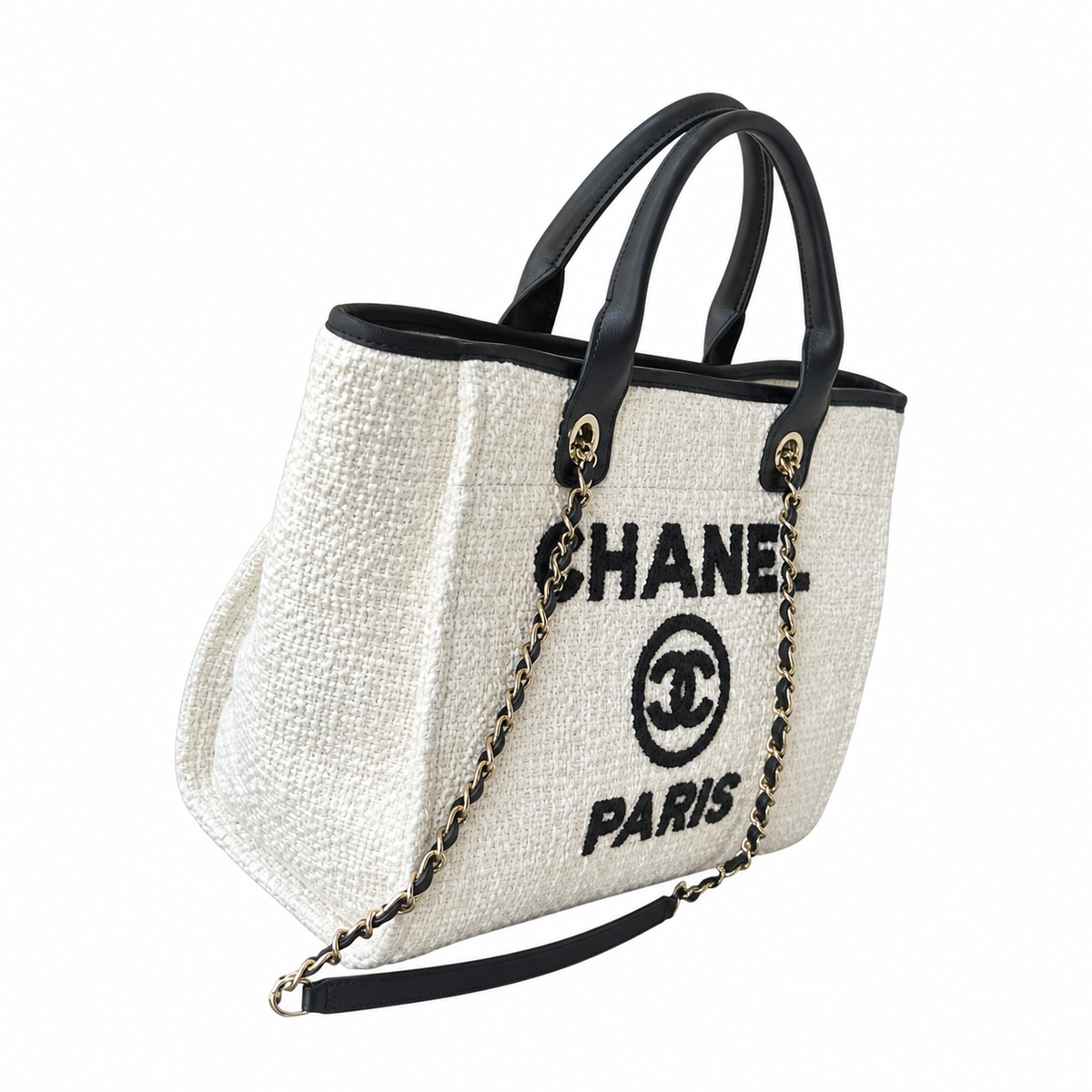 Chanel Deauville Medium Tweed Tote Ivory Black Gold Hardware