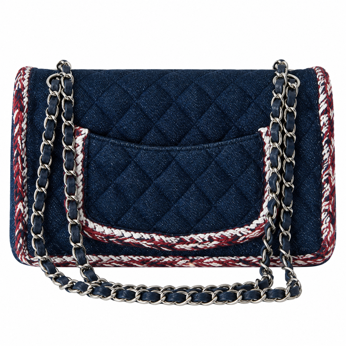 Chanel Quilted Navy Denim Flap Bag Multicolor Braid Trim 25cm
