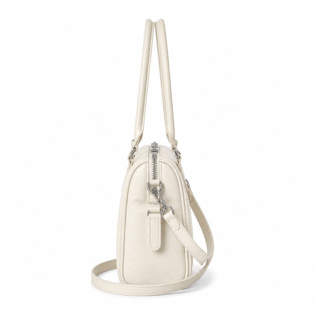 Louis Vuitton Mini Boston — Blanc Ivoire Smooth Calfskin, Dual Top Handles, Detachable Strap & Monogram Tag