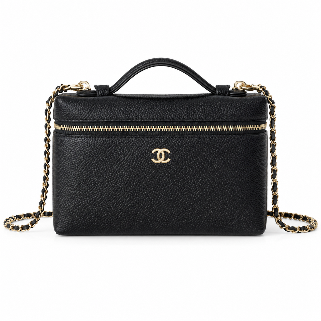 Chanel Black Pebbled Leather Camera Bag | Dual-Zip Top, Top Handle & Gold Leather-Woven Chain