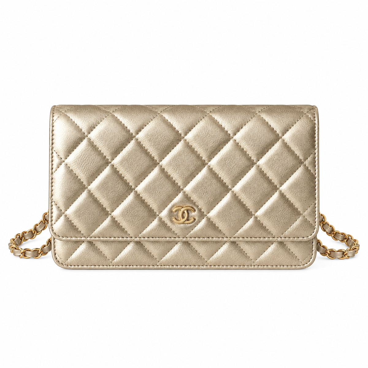 Chanel WOC Champagne Gold Quilted Lambskin Wallet on Chain