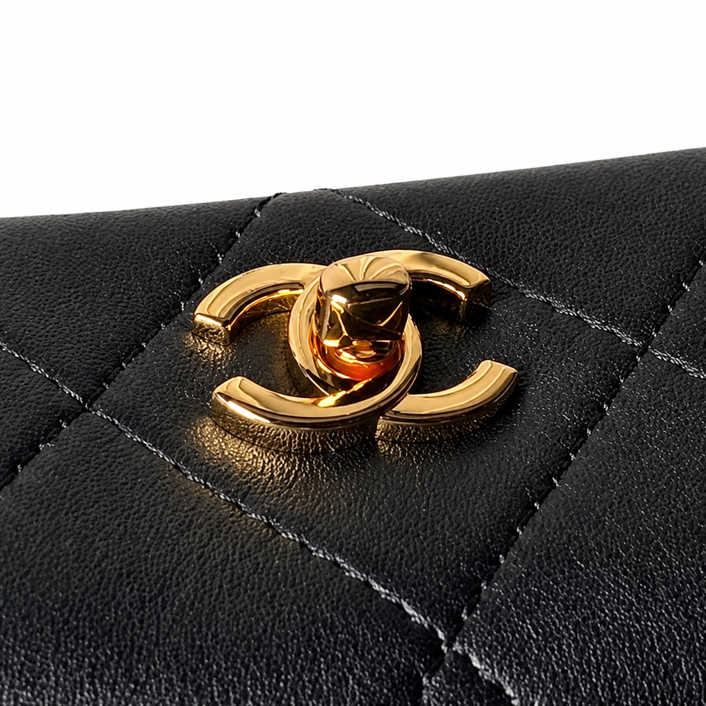 Chanel Black Quilted Lambskin Camellia Clasp Top Handle Bag