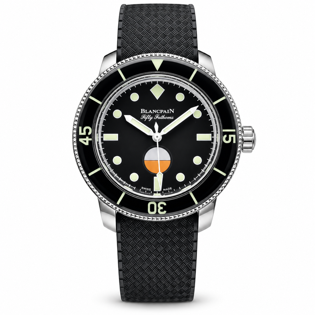 Blancpain Fifty Fathoms No Rad black dial oversized lume dot indices orange white power reserve bicolor coin-edge bezel basket-weave rubber strap automatic dive watch