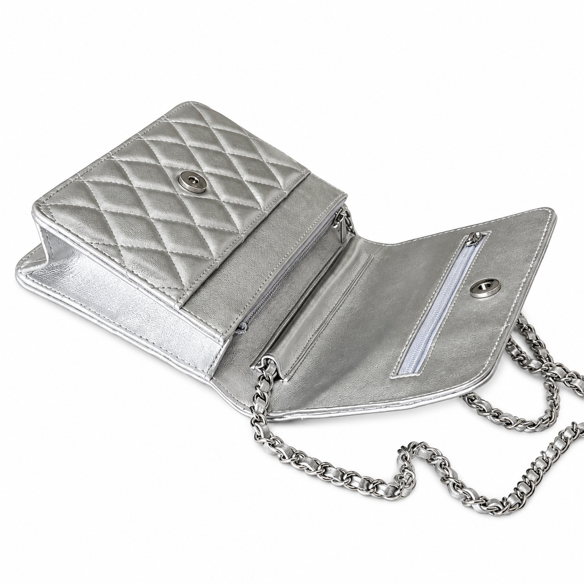 Chanel Classic WOC Silver Metallic Quilted Chain Bag
