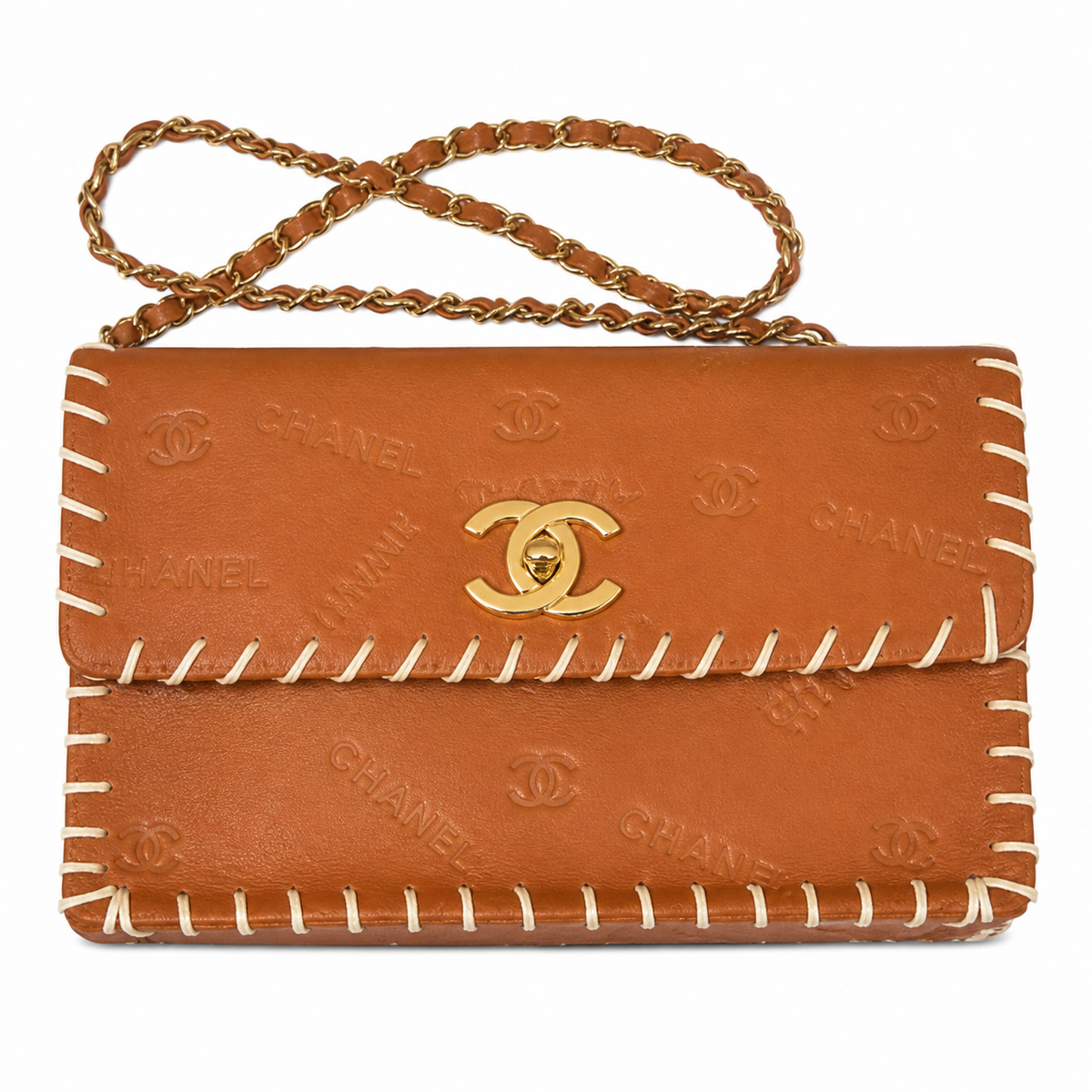 Chanel CC Monogram Embossed Tan Leather Flap Bag Whipstitch