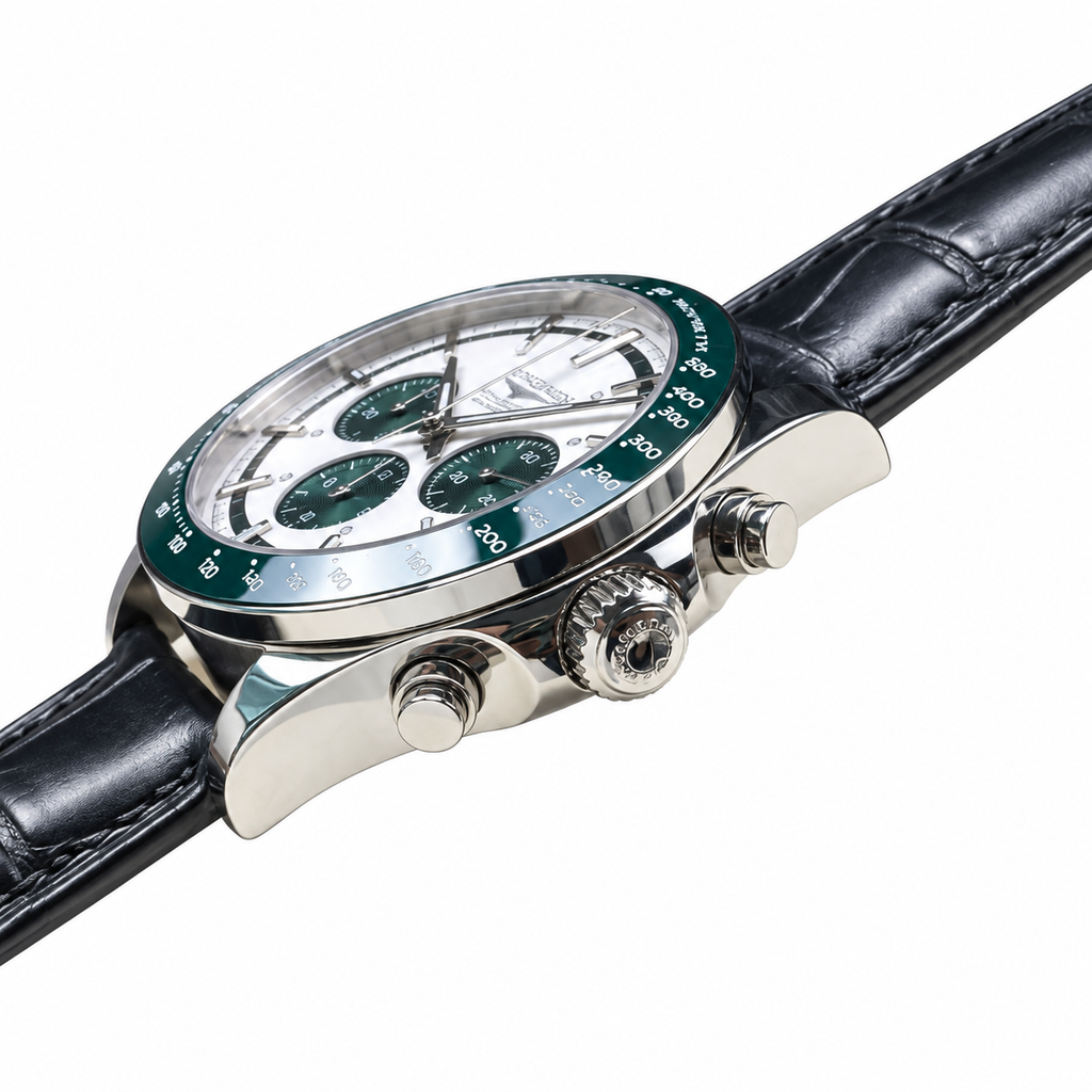 Longines Conquest Chronograph – Green Bezel Black Leather Strap