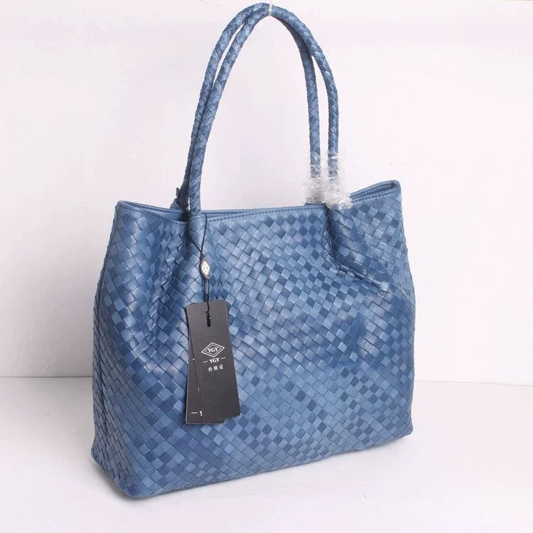 YGY Steel Blue Woven Leather Large Tote with Braided Handles