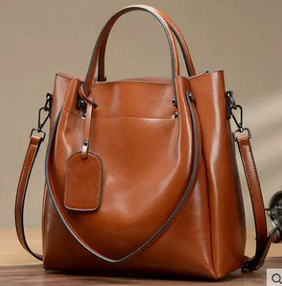 Cognac Oil Wax Leather Large Tote Bag with Crossbody Strap