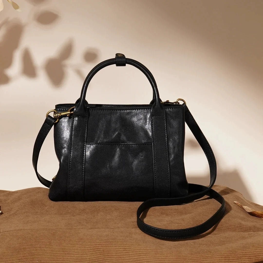 Black Waxed Leather Mini Structured Tote with Crossbody Strap