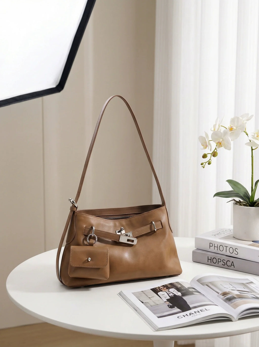 Tan Antiqued Leather Shoulder Bag with Pivot Lock and Mini Coin Pouch