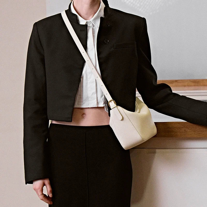 Ivory Pebbled Leather Mini Crescent Shoulder Bag with Wrist Strap