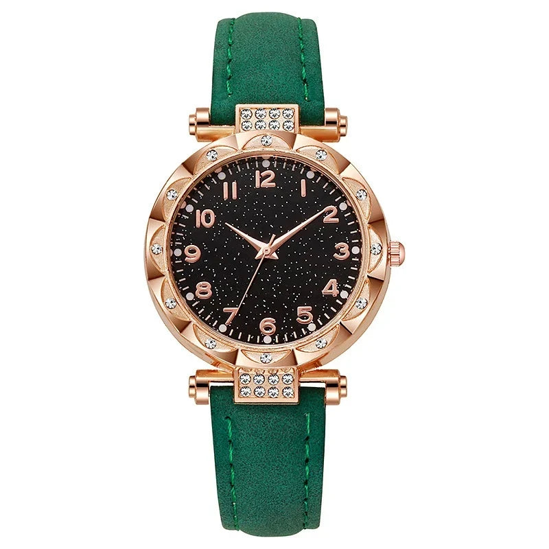 Women's Starry Sky Watch – Rose Gold Crystal Bezel Green Strap