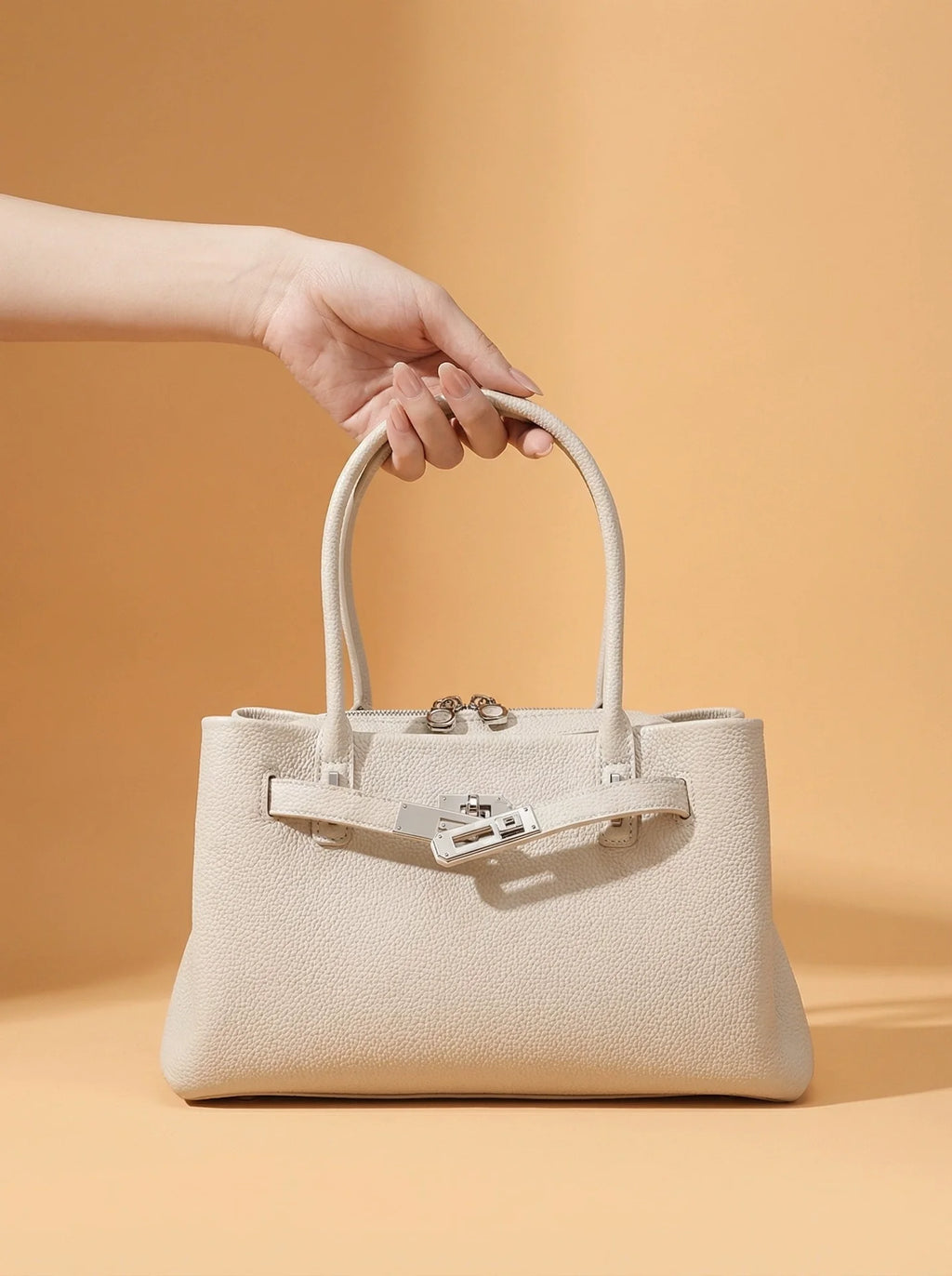 Cream Pebbled Leather Structured Top Handle Bag with Belt Lock