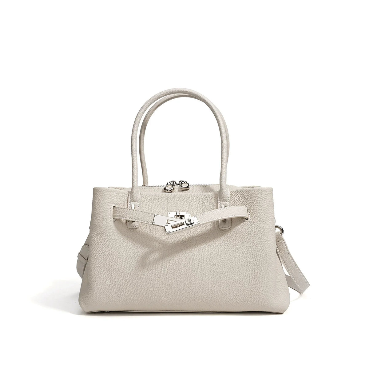 Cream Pebbled Leather Structured Top Handle Bag with Belt Lock