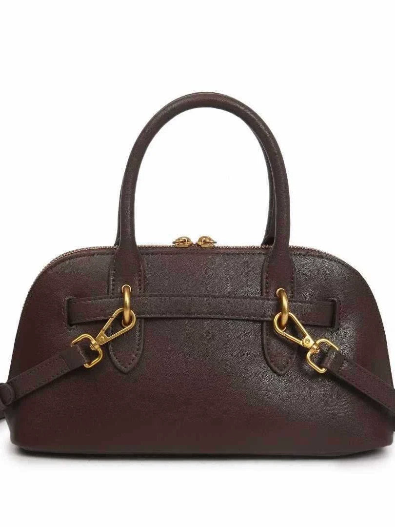 Dark Chocolate Pebbled Leather Mini Bowling Bag with Equestrian Hook