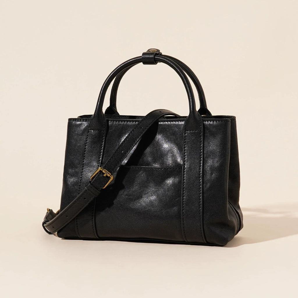 Black Waxed Leather Mini Structured Tote with Crossbody Strap